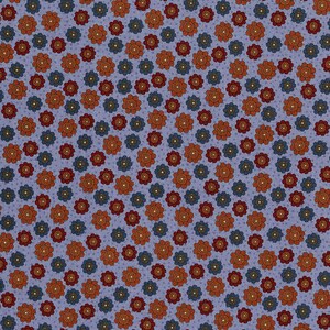 Peut inclure: Un motif sans couture composé de petites fleurs stylisées bleues et orange sur un fond violet clair.