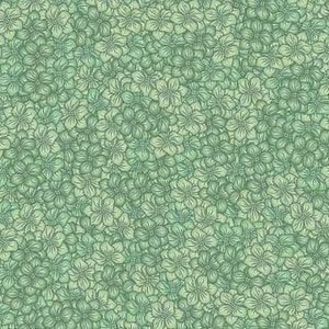 Könnte beinhalten: Ein nahtloses Muster aus grünen floralen Designs. Die Blumen sind stilisiert und haben einen Vintage-Look.