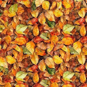 Könnte beinhalten: Ein nahtloses Muster aus Herbstblättern in Gelb-, Orange-, Rot- und Grüntönen. Die Blätter sind verstreut und überlappend angeordnet, wodurch ein strukturiertes und farbenfrohes Design entsteht, ideal für Herbstprojekte.