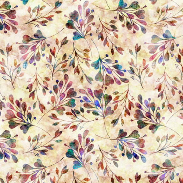 Tissu patchwork, 100% coton, QT, éclats de feuilles multicolores, fond écru nuancé,  REF  PERIW/6630