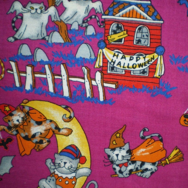 Coupon soldé, tissu patchwork, 0.20 cm, imprimé halloween  chats stylisés, fond fuchsia, 100% coton , REF  2380