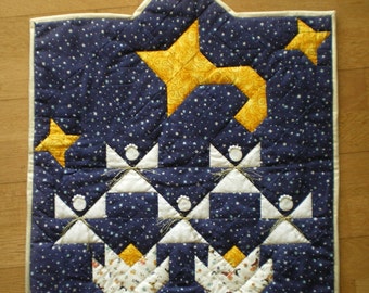 伝統的なパッチワーク、クリスマスの絵、青、白、黄色、ピース