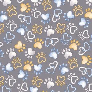 Peut inclure: Un motif sans couture représentant des empreintes de pattes et des cœurs dans des tons de bleu, jaune et blanc sur un fond gris.