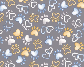 Patchwork fabric, hearts / dog paws, colors white, blue, beige, gray background, 100% cotton, PAWSITIVE/FG