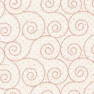 Può includere: Tessuto color crema con un motivo ripetuto di linee a spirale punteggiate in una tonalità marrone-rossastra. Il design presenta numerose forme a spirale, creando una superficie strutturata e visivamente accattivante. Il tessuto ha uno sfondo sottile e macchiettato.