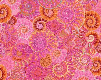 Patchwork fabric, 100% cotton, Kaffe Fassett, nautilus, pink, red, orange, turquoise, beige, 11 cm pattern, REF 125PWPJ/128PINK