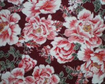 Patchwork fabric, Japanese print, pink and white peonies, green leaves, silver edged, burgundy background, 100% cotton, REF 112/2428