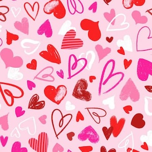 Peut inclure: Un motif sans couture composé de différents cœurs de couleurs et de styles variés, notamment des cœurs rouges, roses, blancs et rayés. Les cœurs sont dessinés à la main et sont disposés sur un fond rose clair.