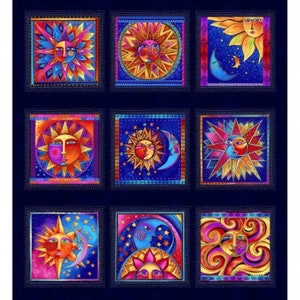 May include: Nine colorful square panels on a dark blue background, each featuring a stylized sun and moon design with intricate details. The sun and moon are depicted in various colors, including red, orange, yellow, blue, green, and purple.