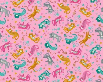 Patchwork fabric, 100% cotton, Makower, cat, heart, ball of wool, pink, ochre, turquoise, pink background, pattern 4 cm x 2.5 cm REF 008/P