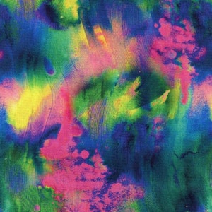 Könnte beinhalten: Abstraktes Gemälde mit leuchtenden Farben, darunter Blau, Grün, Gelb und Pink. Die Farben sind miteinander vermischt und übereinander gelegt, was einen dynamischen und energiegeladenen Effekt erzeugt.