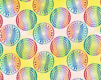 Patchwork fabric, large tangy multicolored circles, yellow background, pastel pink, 100% cotton, REF 120/11822