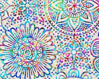Patchwork fabric, QT, multicolored rosettes, nuanced white background, 100% cotton, REF 27403/ZB