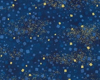 Tissu patchwork, Kaufman, 100% coton, coloris bleu nuancé, ton sur ton, carré et pointillé métallisé doré,  REF  19510/BLUE