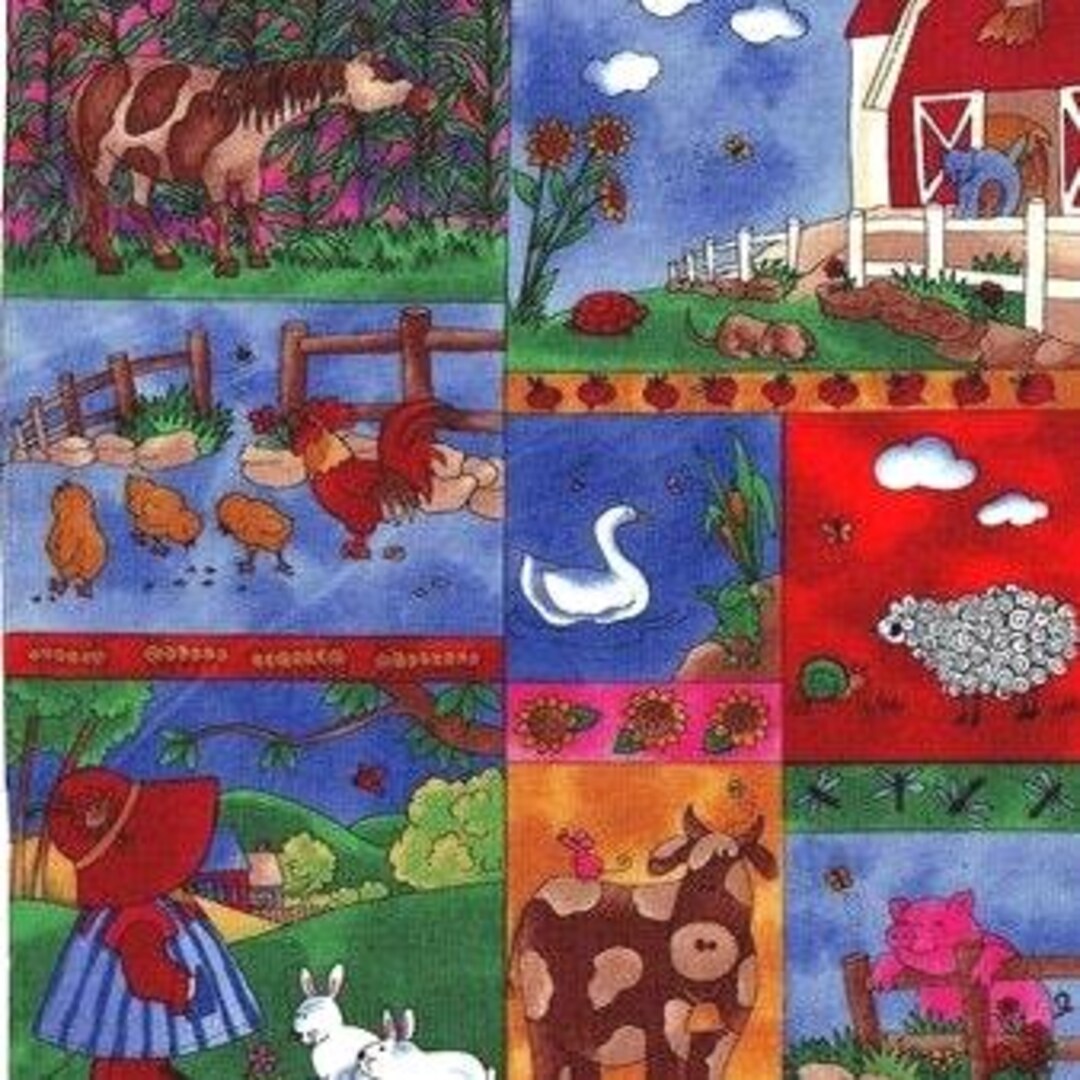 Patchwork Fabric, Multi-colored, Small Country Farm Scenes, Characters ...