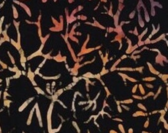 Patchwork fabric, batik, 100% cotton, coral pattern, multi branches, colors yellow, orange, red, shaded, black background, REF MULTI/CORAIL