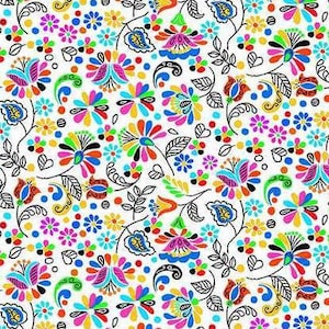 Peut inclure: Un fond blanc avec un motif floral coloré. Les fleurs sont dans des tons de rose, bleu, vert, jaune et orange. Le motif est répété sur toute l'image.