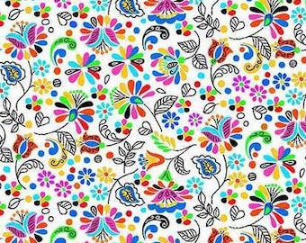 Patchwork fabric, stylized flower pattern, multicolored, white background, 100% cotton, REF GARDEN