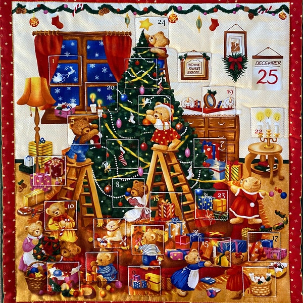 Advent calendar, patchwork fabric, 100% cotton, Christmas tree with teddy bears, country style, 55 cm x 60 cm, REF OURSONS