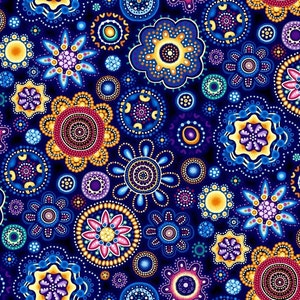 Couponverkauf, Patchworkstoff, 0,20 cm, runde Blume, mehrfarbige Farbe, marineblauer Hintergrund, Blume von ca. 4 cm, 100 % Baumwolle, REF WANNA