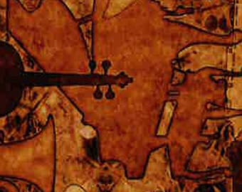 Patchwork fabric, Brown, copper colors depicting musical instruments, 100% cotton, REF RUS27017