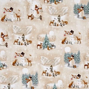 May include: A whimsical winter scene with a snowman surrounded by woodland animals, including deer, foxes, and squirrels. The background features a snowy forest with trees and a full moon.