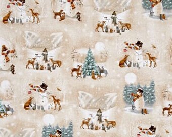 Patchwork fabric, forest scenes in winter, beige, gray and green tones, 100% cotton REF TAN25839