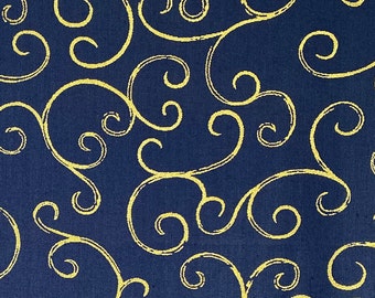 Patchwork fabric, navy blue, golden arabesques, 100% cotton, REF SPIRALE/D