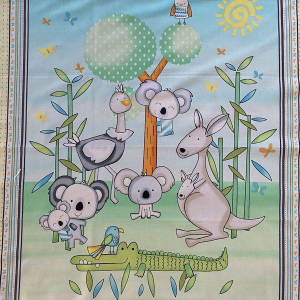 Panneau à quilter, tissu patchwork, 100% coton, animaux exotiques, coloris pastel,  REF  KOALA