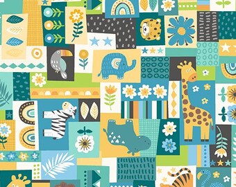 Patchwork fabric, 100% cotton, Makower, multicoloured blue/ochre, small jungle animal assembly, approximately 3cm x 5cm REF 2604/B