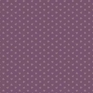 May include: A close-up of a fabric featuring a repeating pattern of small, white floral motifs set against a muted purple backdrop. The design is evenly spaced, creating a consistent texture across the fabric's surface. The overall aesthetic is simple and classic.