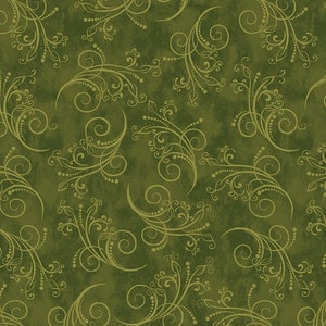 Könnte beinhalten: Ein nahtloses Muster mit einem sich wiederholenden Design aus stilisierten grünen Ranken mit Spiralen und Punkten auf einem dunkelgrünen Hintergrund.