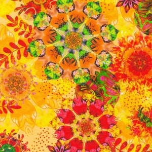 May include: A colorful abstract pattern with a variety of flowers in shades of red, orange, yellow, and green. The flowers are arranged in a circular pattern and have a mandala-like design.