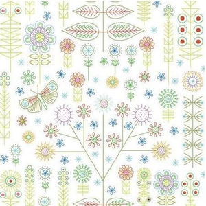 Peut inclure: Un fond blanc avec un motif répétitif de fleurs colorées, de feuilles et de papillons. Les fleurs sont stylisées et ont des formes et des tailles variées. Les feuilles sont vertes et ont un design géométrique simple. Les papillons sont bleus et ont un design géométrique simple.