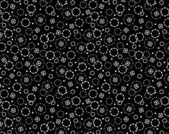 Patchwork fabric, 100% cotton, dotted circles, gray, white, black background, REF RAPSODY/BL