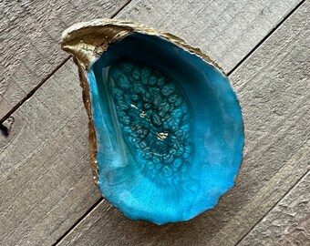 Ocean Blue Sea and Brass Gilded Oyster Shell Ring Dish, Gift Boxed