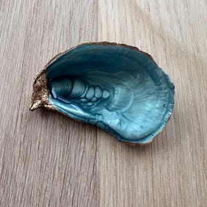 May include: A teal blue oyster shell dish with gold accents. The inside of the shell is painted with a marbled design.
