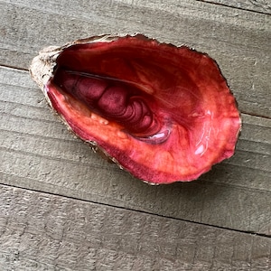 May include: A red and gold oyster shell dish with a glossy finish. The shell is smooth and has a natural shape.