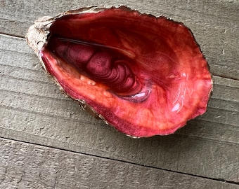Gilded Oyster Shell Ring Dish: Blood Orange Red, Coastal Decor