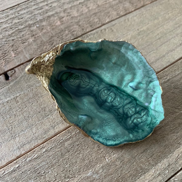 Petite Emerald Green, Etsy Color of the Year,  Hand Painted Oyster Shell Dish with Gilded Brass Exterior, Gift Boxed, May Birthstone