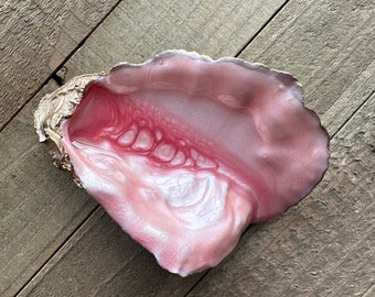 Pink Tourmaline & Champagne Hand Painted Oyster Shell Dish with Gilded Gold Exterior, Gift Boxed,  October Birthday