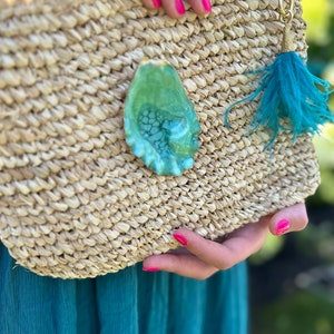 Hand-Painted Oyster Shell Straw Clutch with Feather Tassel