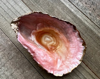 Medium Pink Tropical Sunset Hand Painted Oyster Shell Dish with Gilded Gold Exterior, Gift Boxed