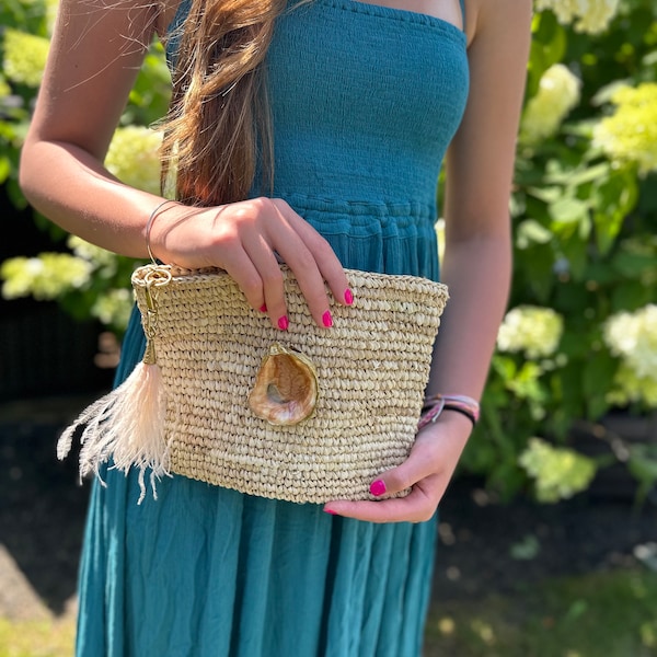 Hand-painted Peachy Oyster on Zippered Straw Grass Clutch with Handmade Blush Feather and Brass Tassel