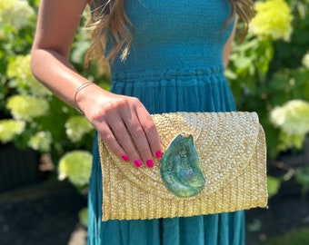 Hand-painted Ocean Blues Oyster Gussetted Straw Envelope Clutch