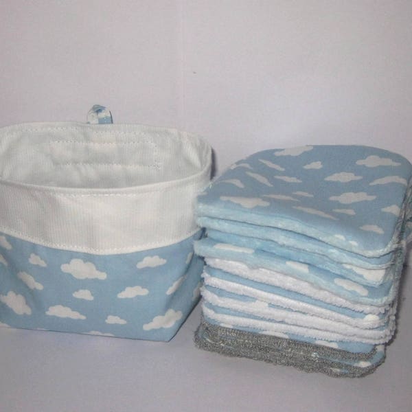 Lingettes lavables, lingettes bébé, coton démaquillants, écologique, bleu ciel, nuages blancs, doublées éponge bambou, microfibre, et minky