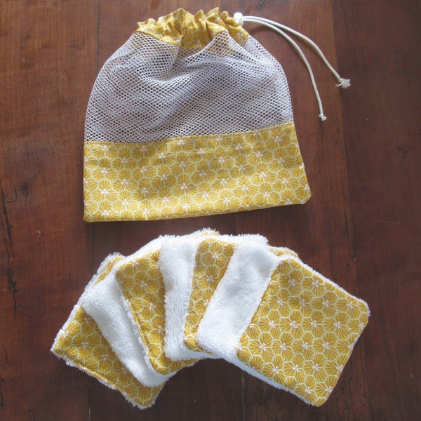 6 grandes lingettes lavables, 11cm x 11cm, tissu japonais jaune moutarde, doublé  microfibre, et  sac de lavage coordonné, couleur au choix