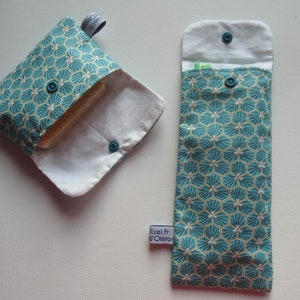 Bolsa para jabón, cepillo de dientes y pasta de dientes, en algodón japonés recubierto, color verde mar, forrada con piqué de algodón blanco.