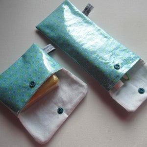 Soap pouch, toothbrush and toothpaste case, in coated cotton, Petit Pan, light blue, lined with white cotton pique