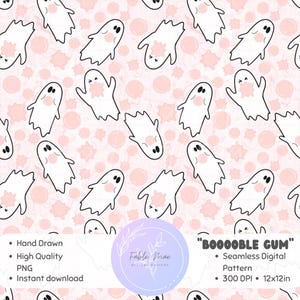 May include: Seamless digital pattern featuring white cartoon ghosts with black eyes and pink bubblegum on a light pink background. The design includes pink circles and starburst shapes. The text "BOOOOBLE GUM" is also included.